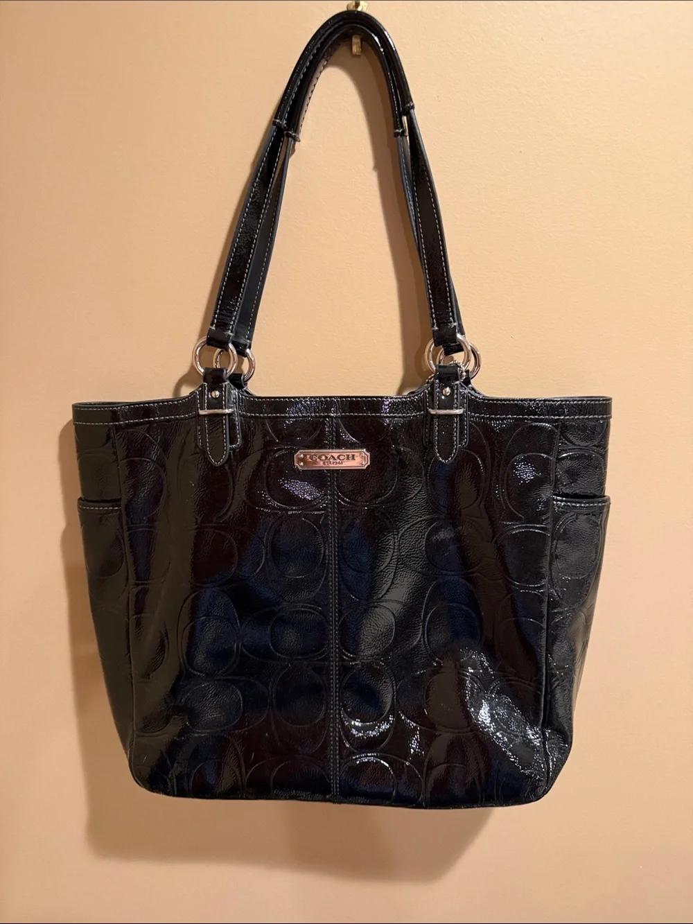 Coach Black Patent Leather Tote with Signature Jacquard